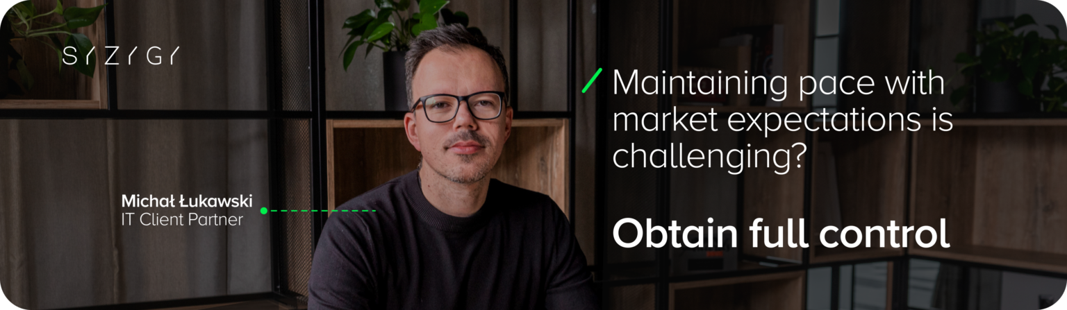 Photo of Michal Lukawski, IT Client Partner of SYZYGY, sitting in a modern office with wooden shelves and plants in the background. Next to him is the text: 'Having a hard time keeping up with expectations? Get full control,' highlighting the challenges of flexibility and managing digital platforms.