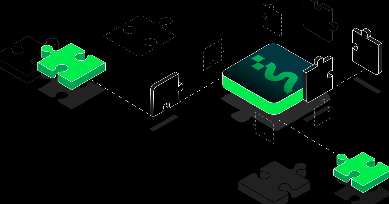 The illustration shows green puzzle pieces on a black background, symbolising the modular and flexible implementation of Magnolia CMS. One of the puzzles contains an icon reminiscent of the Magnolia logo, emphasising the integration and consistency of the system in the IT ecosystem. The dashed lines and outlines suggest the adaptability of the various components, reflecting the scalability and personalisation of the enterprise solution.