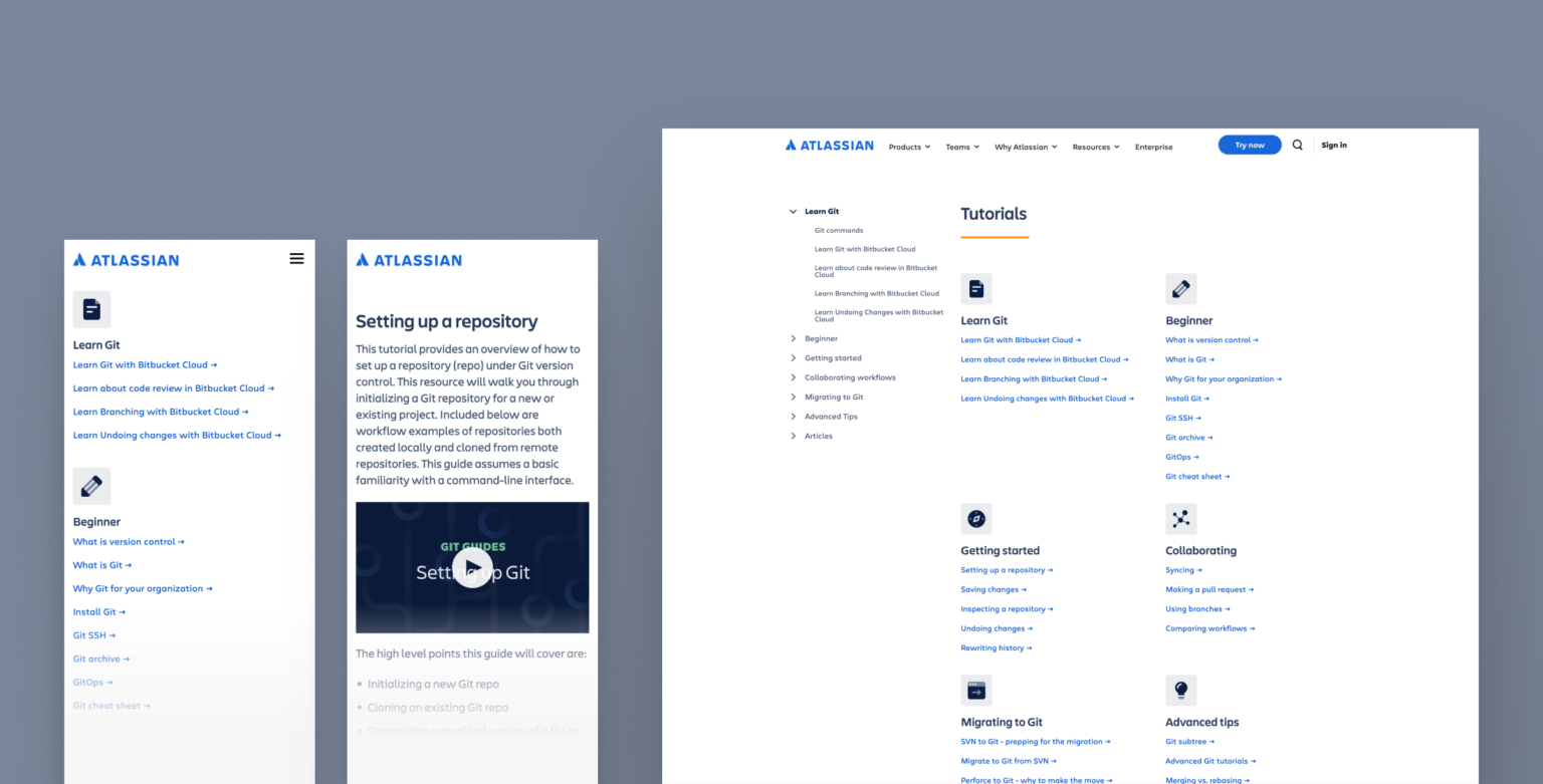 Strona internetowa Atlassian, prezentująca wdrożenie Magnolia CMS w celu zarządzania treściami edukacyjnymi i dokumentacyjnymi. Grafika przedstawia sekcję tutoriali, w tym materiały dotyczące Git, takie jak tworzenie repozytoriów i zarządzanie workflowami. Dzięki CMS klasy enterprise, Atlassian centralizuje dostarczanie treści, oferując spersonalizowane doświadczenia użytkownikom i łatwą integrację z różnymi systemami. Rozwiązanie wspiera efektywne zarządzanie treściami oraz umożliwia szybkie publikowanie aktualizacji, co jest kluczowe w dynamicznym środowisku biznesowym.