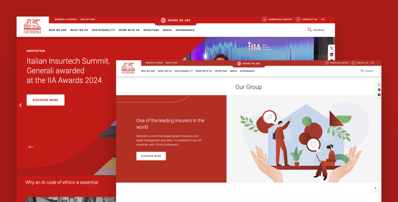 Strona internetowa Generali Group, przedstawiająca wdrożenie Magnolia CMS dla globalnej platformy korporacyjnej. Grafika ukazuje sekcję główną z informacjami o nagrodzie IIA Awards 2024 oraz segment “Our Group,” prezentujący kluczowe dane o firmie. Dzięki CMS klasy enterprise, Generali centralizuje zarządzanie treściami, oferując spersonalizowane doświadczenia użytkownikom w ponad 50 krajach. System wspiera integrację z narzędziami marketingowymi, pozwala na dostosowanie treści do różnych rynków i kanałów oraz zapewnia spójność wizerunku marki na globalną skalę.