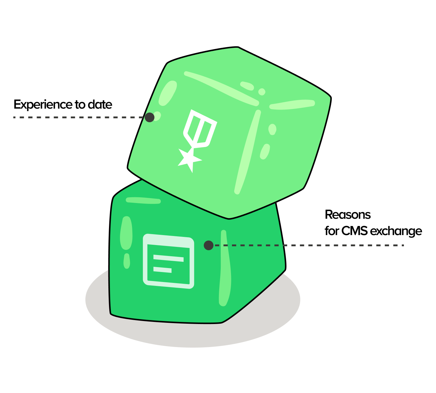 Illustration showing two green blocks with award and document icons, signed as ‘Reasons for CMS replacement’. When bidding for a CMS implementation, it is crucial to present the existing providers, the quality of their services, the problems with the contract, and the reasons why the organisation decided to go for a new system.