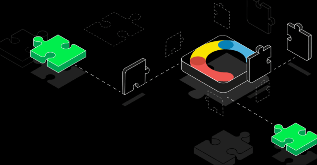 Wdrożenie Contentful CMS: Grafika przedstawiająca modułową integrację i dopasowanie systemu za pomocą elementów puzzli, z kolorowym symbolem 'C' w centrum.
