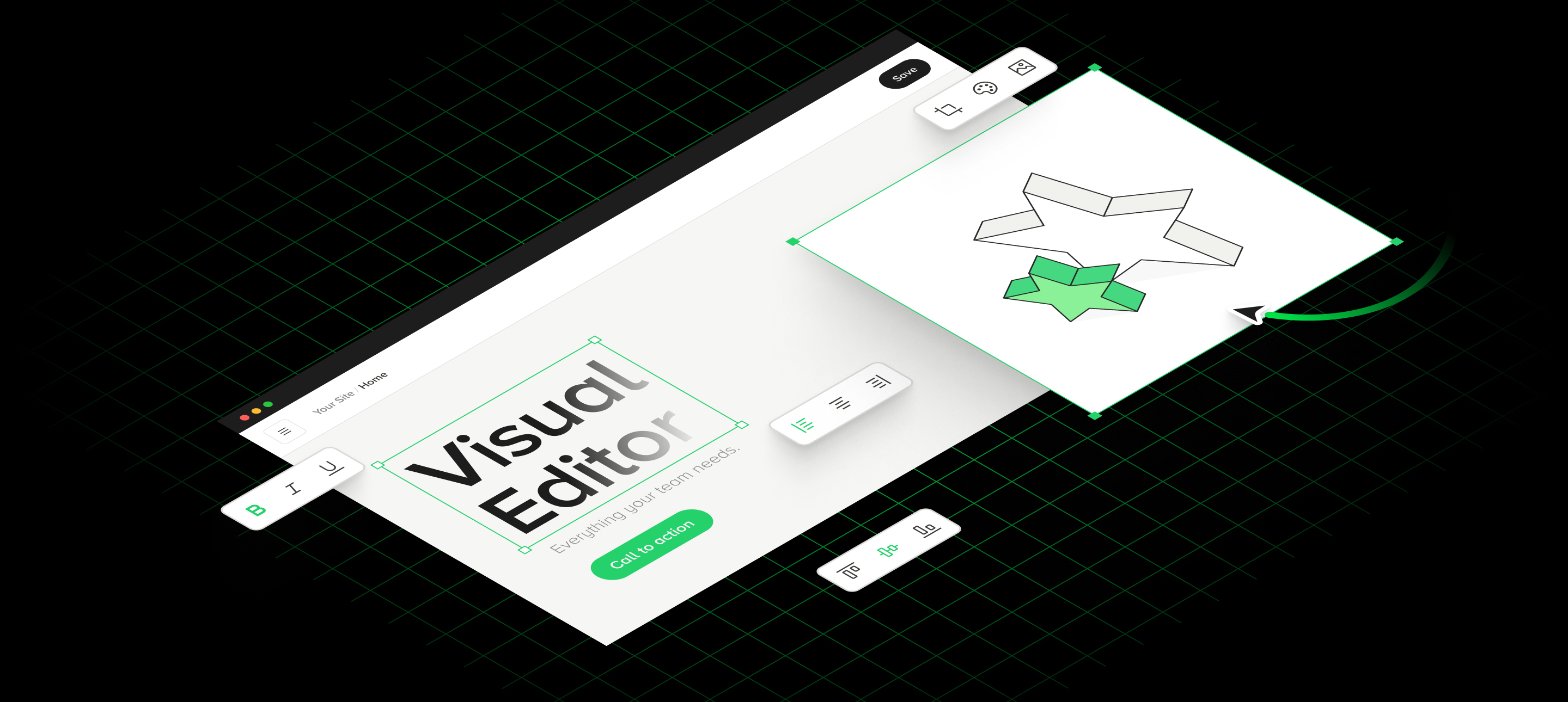 A minimalist view of a visual editor in a content management system (CMS), demonstrating intuitive website building using modular components. The graphic illustrates the ease of use when creating landing pages, updating websites, and managing content within CMS platforms. The editing panel enables users to input content and manage page layouts in a simple and efficient way, highlighting the functionality and user-friendliness of the software. An example of how a content management system operates through web pages.