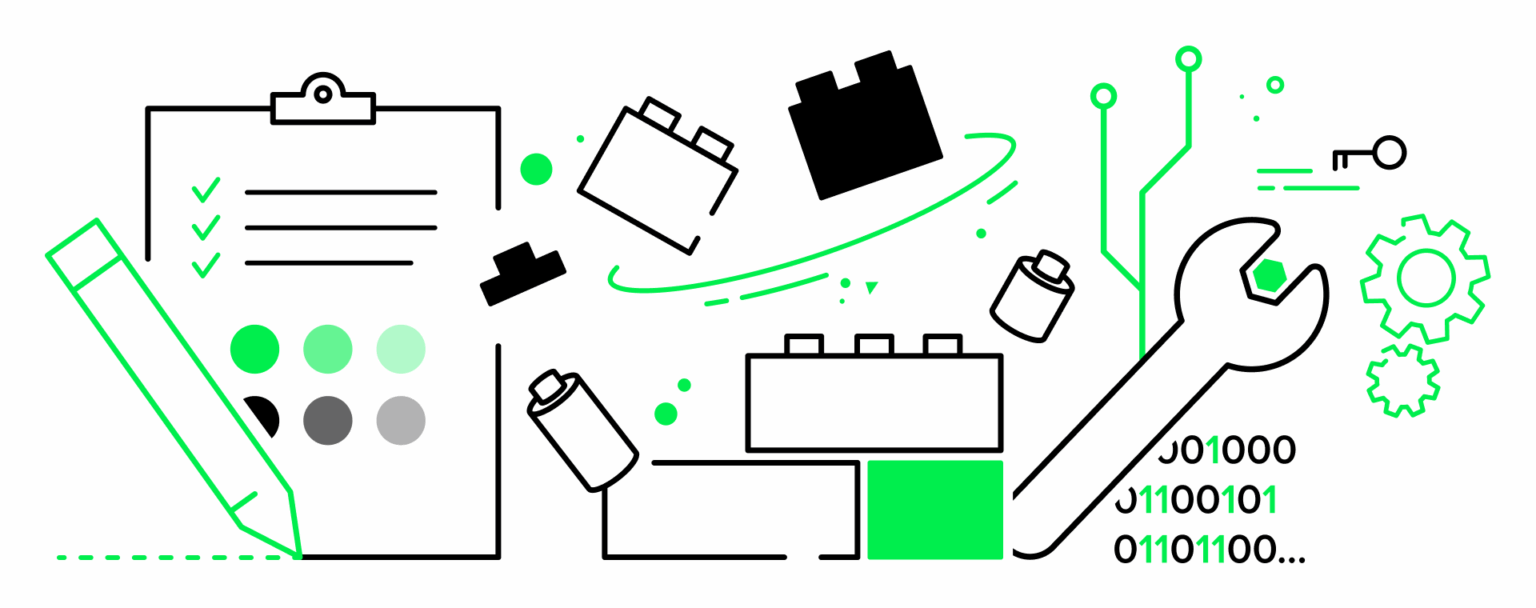 Ilustracja pokazująca rozłożone elementy projektu, narzędzia i moduły, które są analizowane i składane w spójną całość na etapie wstępnej diagnozy podczas Warsztatu Zero.