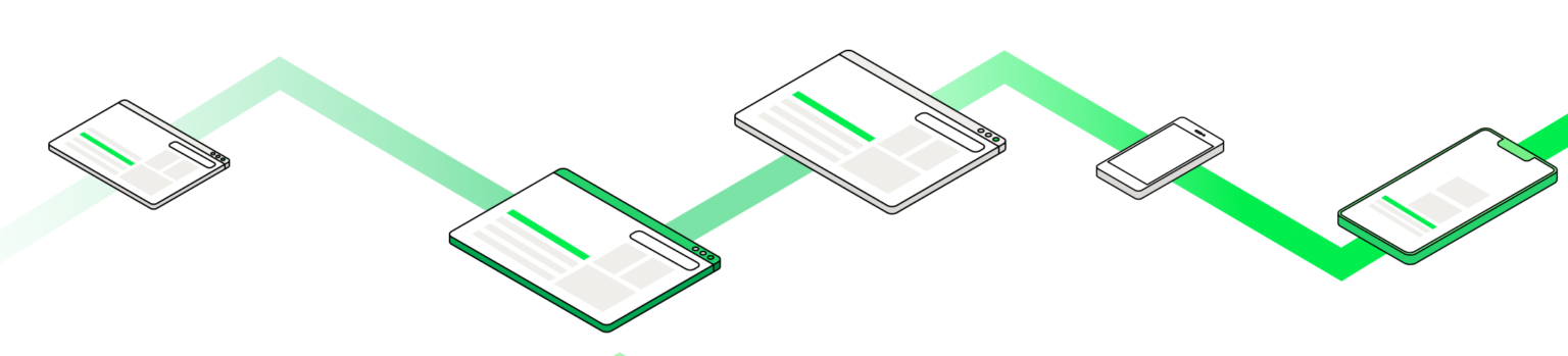 Ilustracja przedstawiająca zarządzanie treściami na wielu kanałach w strategii omnichannel. Grafika pokazuje dynamiczny przepływ treści cyfrowych pomiędzy stronami internetowymi, aplikacjami mobilnymi i innymi platformami. Zielona linia symbolizuje integrację kanałów sprzedażowych, marketing automation oraz optymalizację przekazu marketingowego pod potrzeby klientów. Skuteczne zarządzanie treścią w marketingu cyfrowym pozwala zwiększyć świadomość marki, poprawić lojalność klientów i dostosować komunikację do ich zachowań w czasie rzeczywistym.