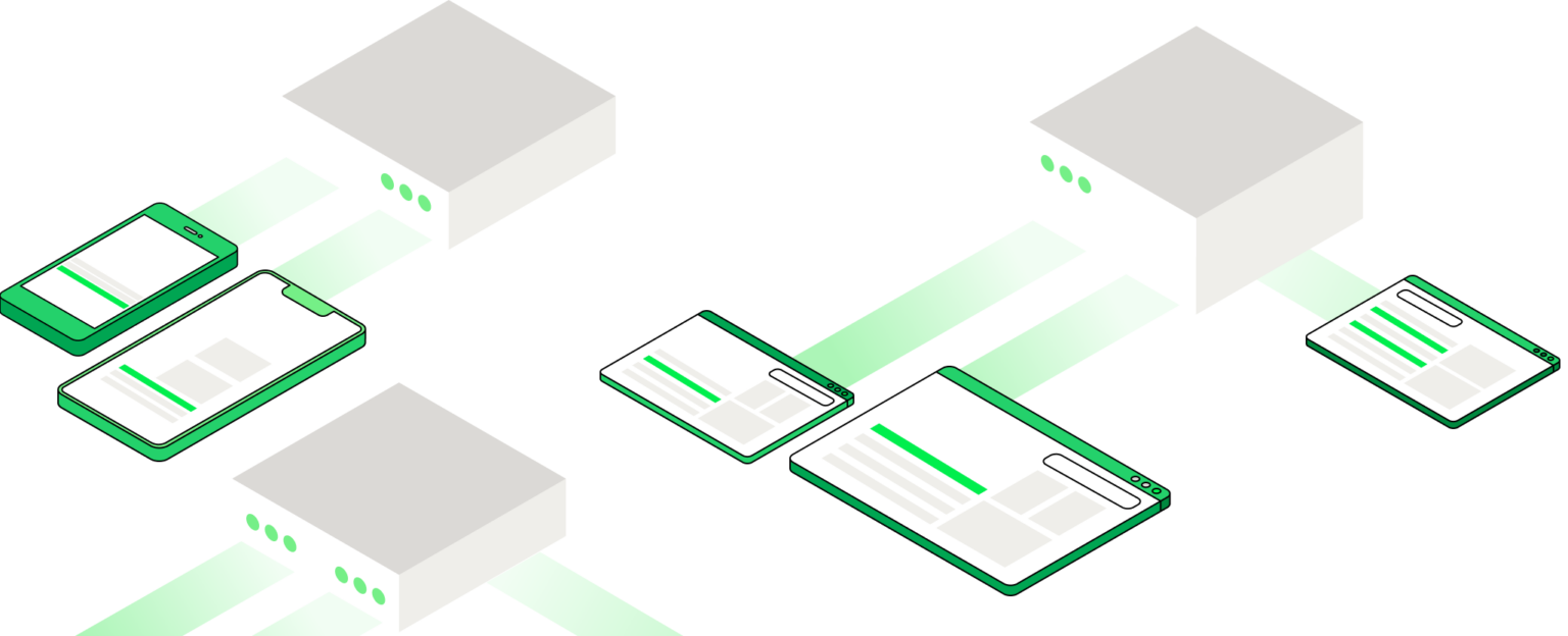 Schemat braku centralnego zarządzania treściami w strategii omnichannel. Grafika przedstawia oddzielne serwery obsługujące różne kanały komunikacji – strony internetowe, aplikacje mobilne i inne platformy. Brak jednolitego systemu zarządzania contentem prowadzi do fragmentacji treści i niespójności komunikacji w różnych punktach styku z klientem - automatyzacja marketingu i dotarcie do potencjalnych klientów