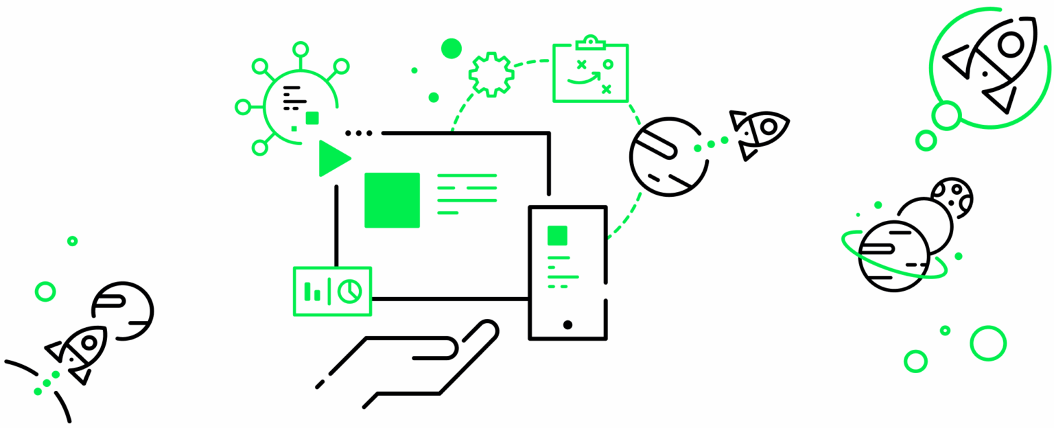 Metaforyczna ilustracja przedstawiająca partnerstwo firmy i software house’u we wspólnym rozwoju produktu mobilnego. W centrum – symboliczna współpraca: w wersji A dwie postacie pielęgnują rosnącą roślinę reprezentującą aplikację rozwijaną w oparciu o potrzeby rynku i zachowania użytkowników smartfonów i tabletów. W wersji B – każda z postaci porusza własną zębatkę w zintegrowanym mechanizmie, co symbolizuje współdziałanie na każdym etapie procesu: od planu, przez testowanie, aż po zarządzanie usługami, zachowaniem użytkowników i dostępnością aplikacji na urządzeniach mobilnych. Grafika podkreśla, że wartość aplikacji nie wynika tylko z kodu, ale z zastosowaniu jej w konkretnym kontekście rynkowym i wykorzystaniu taktyk produktowych.