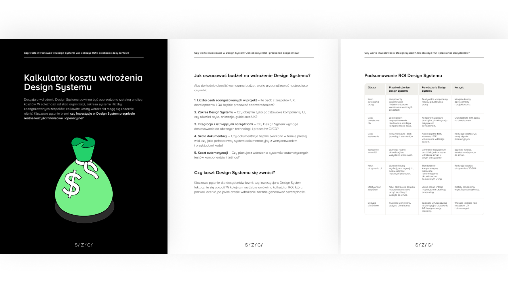 Grafika przedstawiająca trzy strony e-booka ‘Czy warto inwestować w Design System? Jak obliczyć ROI i przekonać decydentów?’. • Pierwsza strona zatytułowana ‘Kalkulator kosztu wdrożenia Design Systemu’ zawiera ikonę zielonego worka z symbolem dolara oraz opis, jak oszacować koszty wdrożenia. • Druga strona omawia szczegółowo czynniki wpływające na budżet, takie jak liczba zaangażowanych osób, zakres systemu oraz koszt automatyzacji. • Trzecia strona prezentuje tabelę ‘Podsumowanie ROI Design Systemu’, porównującą kluczowe wskaźniki przed i po wdrożeniu, m.in. koszt utrzymania, czas developmentu oraz efektywność zespołów.