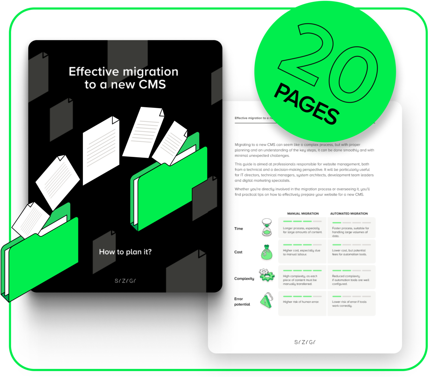 The graphic shows the cover of the e-book ‘Successful migration to a new CMS’ and an internal page with a table comparing manual and automatic content migration in terms of time, costs, complexity and risk of errors. The black cover shows green folders and documents and the word ‘20 pages’, which suggests the practical nature of the material. The e-book is intended to help you plan your CMS migration step by step.