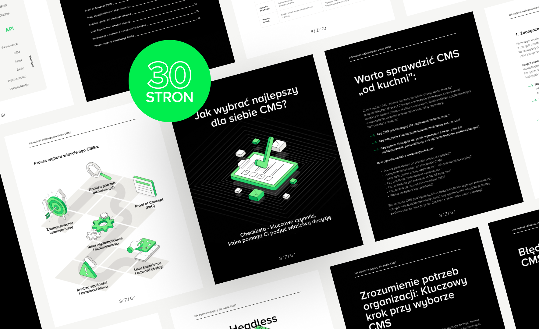 Kompozycja stron z e-booka „Jak wybrać najlepszy dla siebie CMS?” – zawiera okładkę, sekcje dotyczące procesu wyboru CMS, zaangażowania interesariuszy, oraz przegląd systemów CMS. Wyróżniony jest także znaczek „30 stron” wskazujący na objętość e-booka.