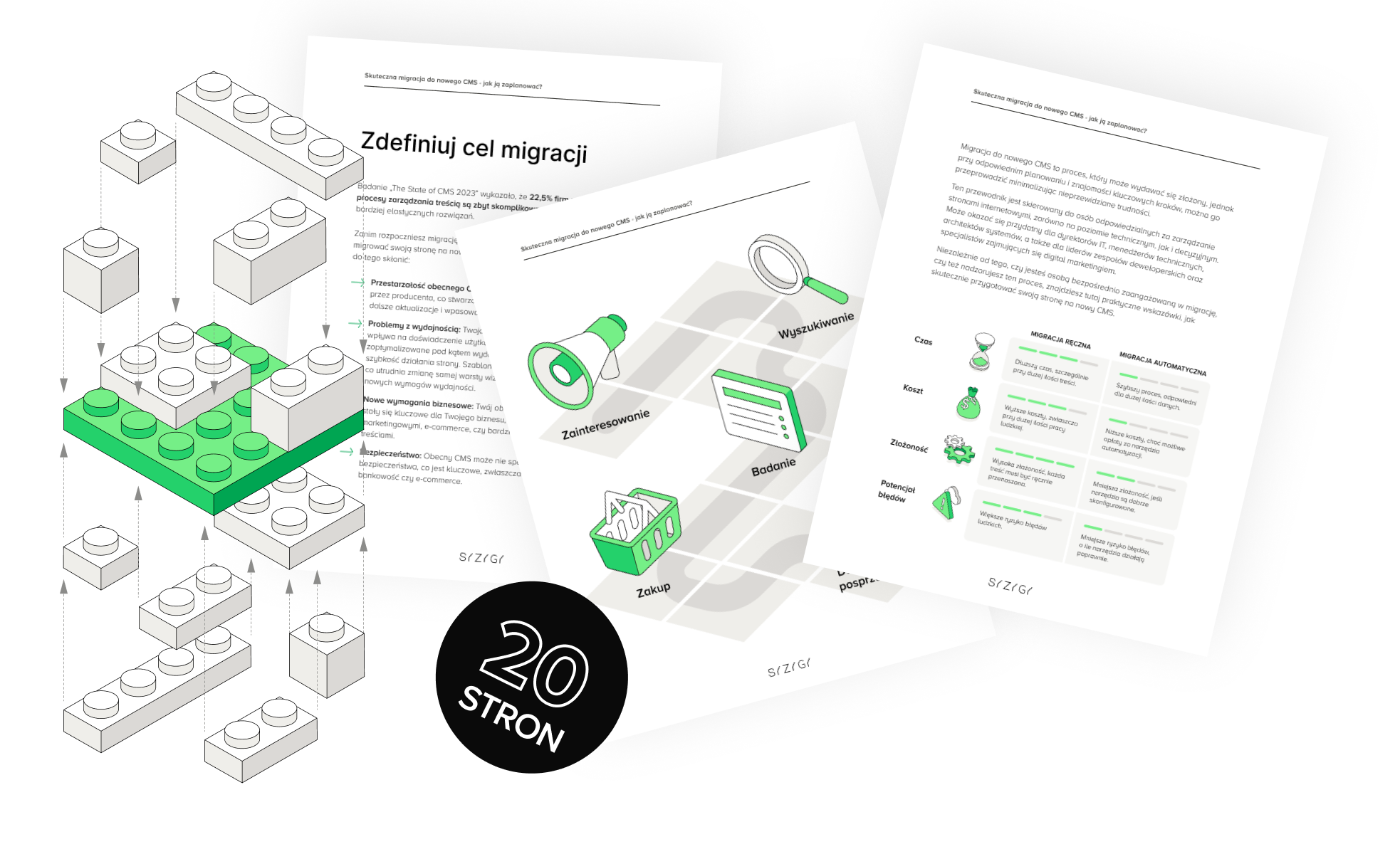 Strona e-booka przedstawiająca schemat zbudowany z klocków LEGO, symbolizujący proces migracji CMS. Obok znajduje się tekst o definiowaniu celu migracji, zawierający informacje o przestarzałych systemach i nowych wymaganiach biznesowych.