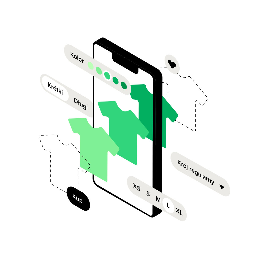Grafika przedstawiająca mobilny interfejs użytkownika w e-commerce. Na ekranie telefonu widoczne są różne opcje wyboru produktu, takie jak kolor koszulki, jej długość oraz krój regularny. Obok znajdują się dodatkowe elementy wizualne sugerujące personalizację i możliwość zakupu produktu. Grafika ilustruje, jak przemyślane treści wspierają decyzje zakupowe i poprawiają współczynnik konwersji w sklepie internetowym.